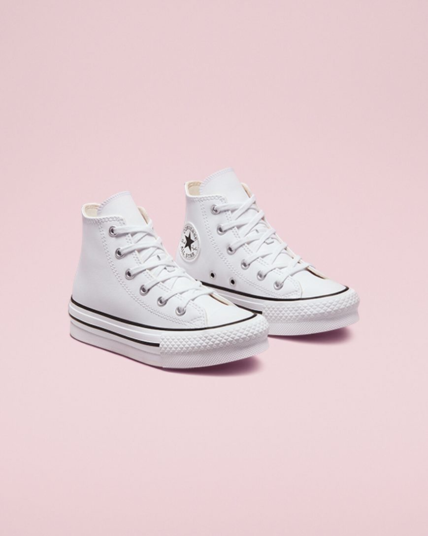 Chlapecké Boty Na Platformy Converse Chuck Taylor All Star Lift Læder Vysoké Bílé Béžový Bílé Černé | CZ PO31U49